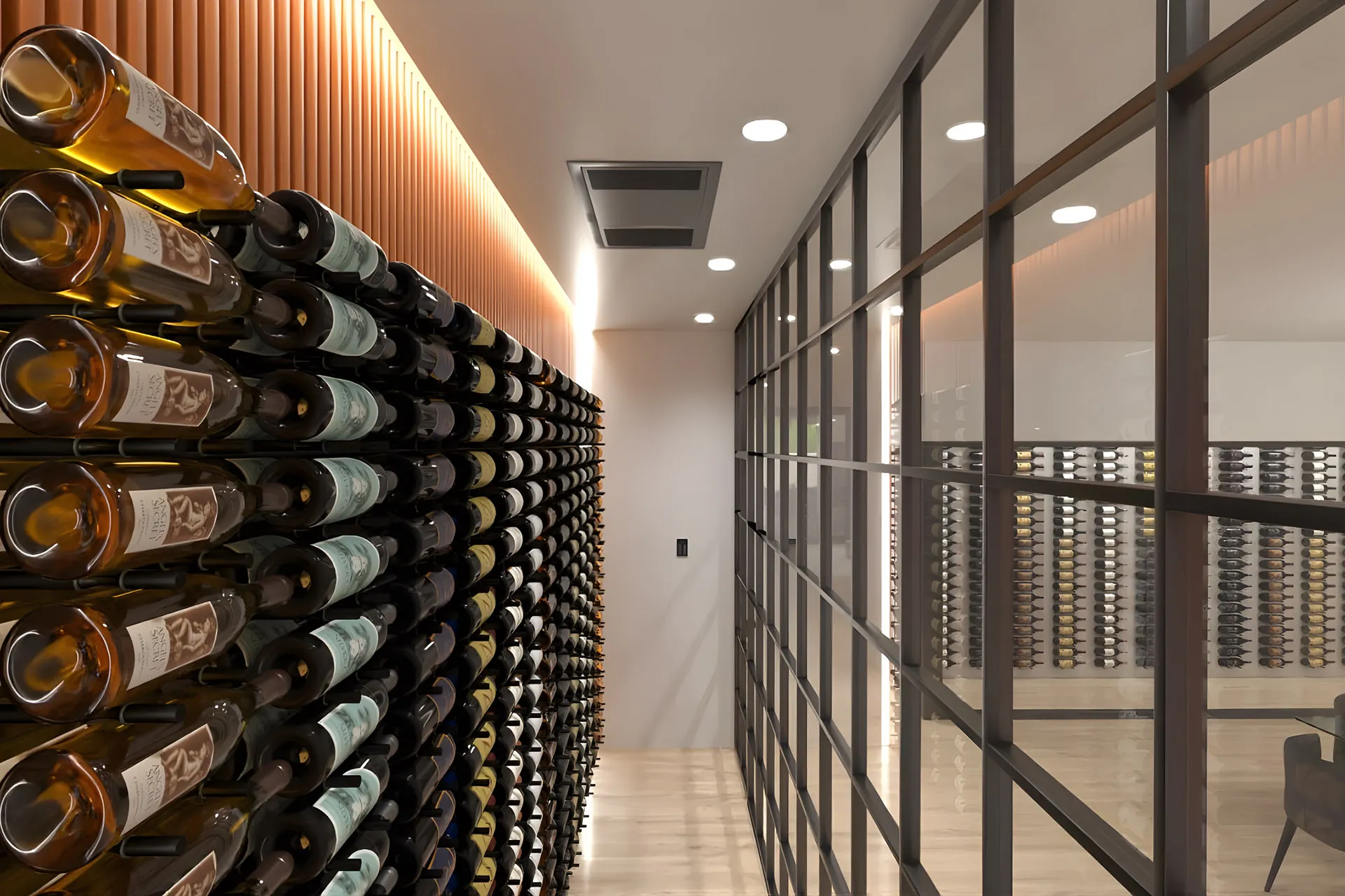 Mockingbird Heights, Midland TX cellar with quiet ducted cooling integrated in cabinetry