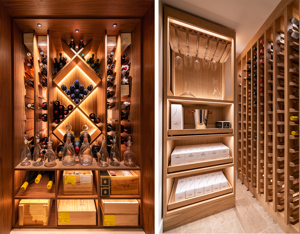 Layered lighting scenes in a luxury Midland wine room