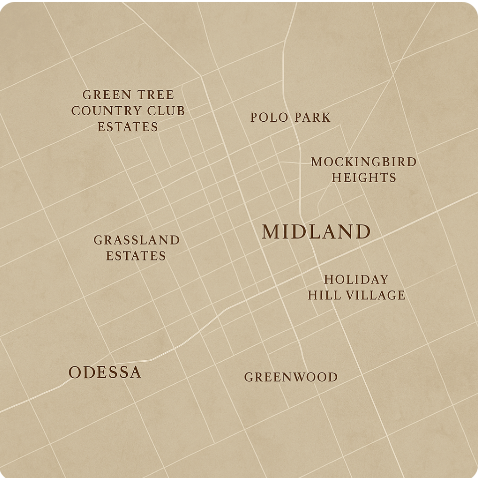Stylized map of Midland highlighting Green Tree Country Club Estates, Polo Park, Mockingbird Heights, Holiday Hill Village, Grassland Estates, Odessa, and Greenwood